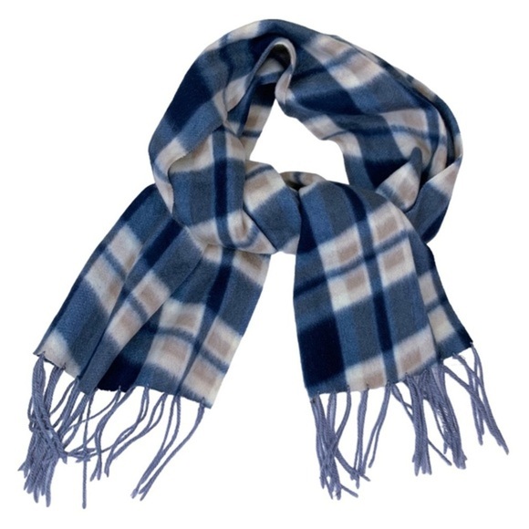 Royal Rossi 100% Mongolian Cashmere Plaid Scarf Fringe White Navy Blue Like New - Picture 2 of 13